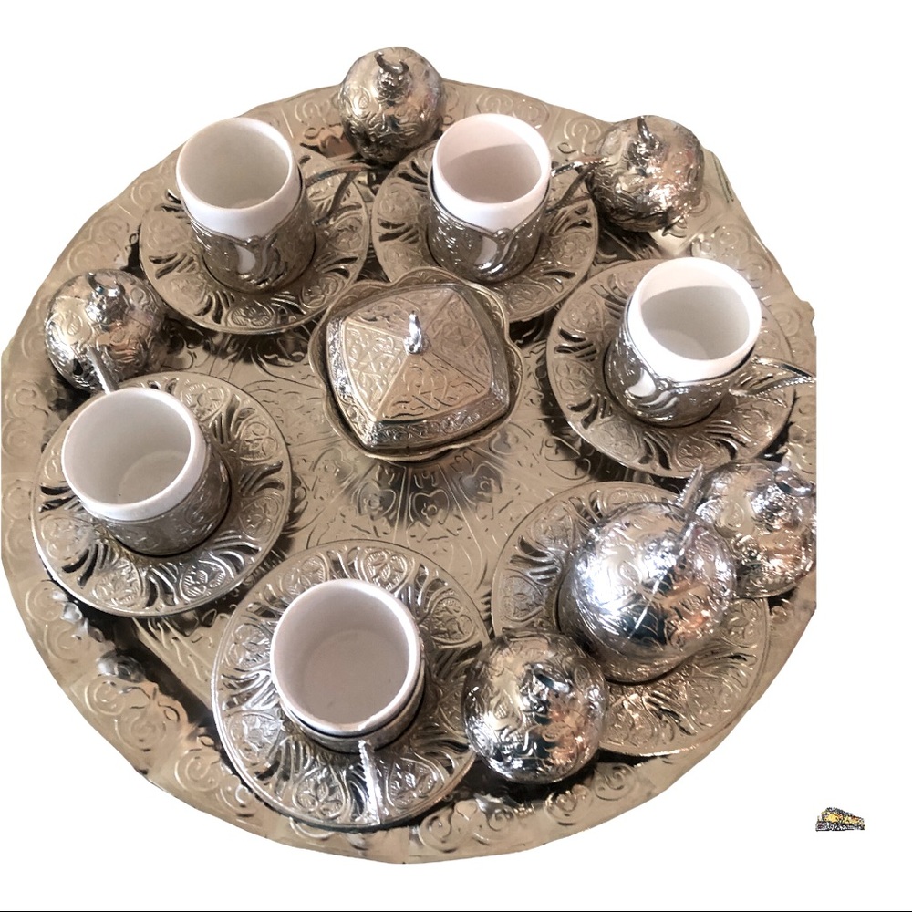 SET OF 6 Turkish Greek Arabic Coffee Espresso Serving Cup Saucer Silver Set
